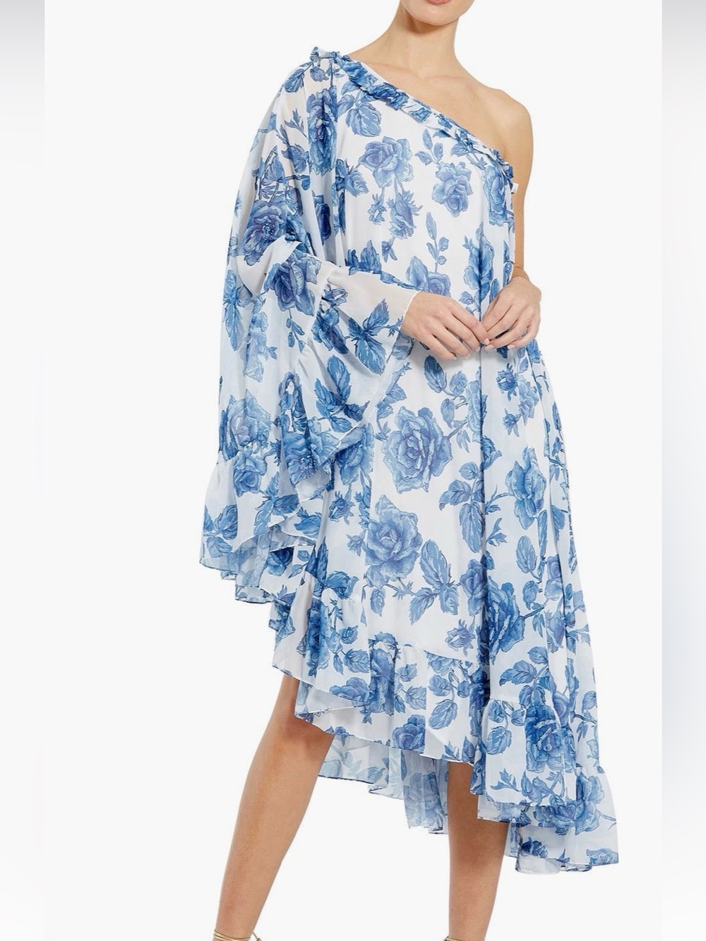 IEENA MAC DUGGAL
White and Blue Floral Print One Shoulder Cape Dress